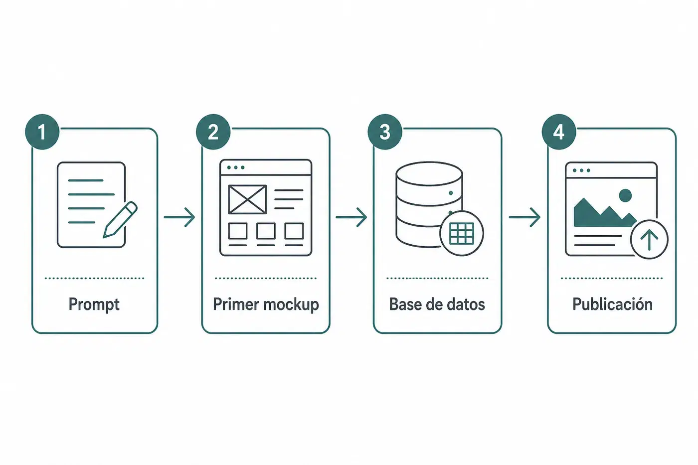 Recorrido en cuatro pasos: Prompt, Primera maqueta, Base de datos, Publicación