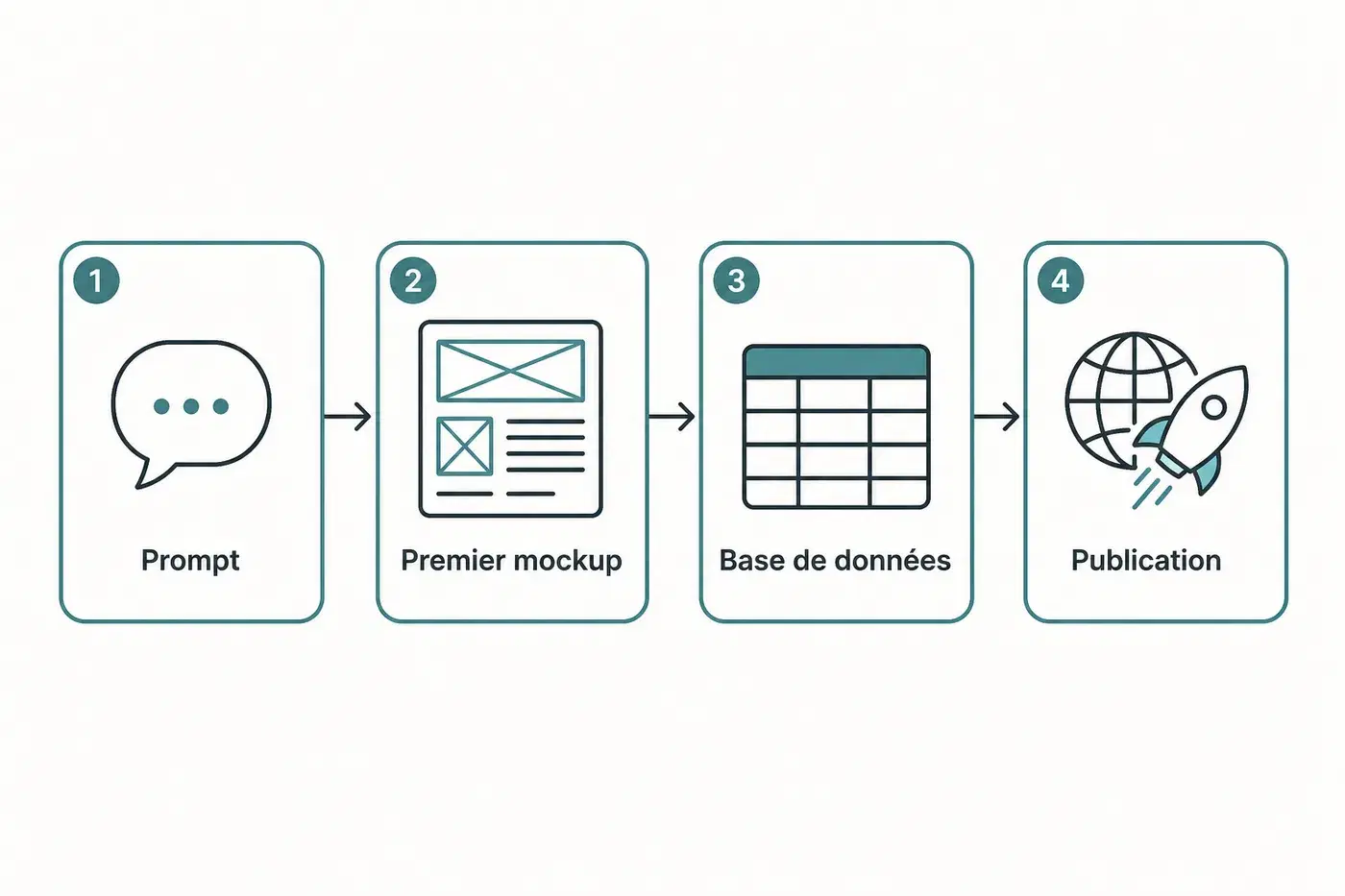 Parcours en quatre étapes : Prompt, Premier mockup, Base de données, Publication