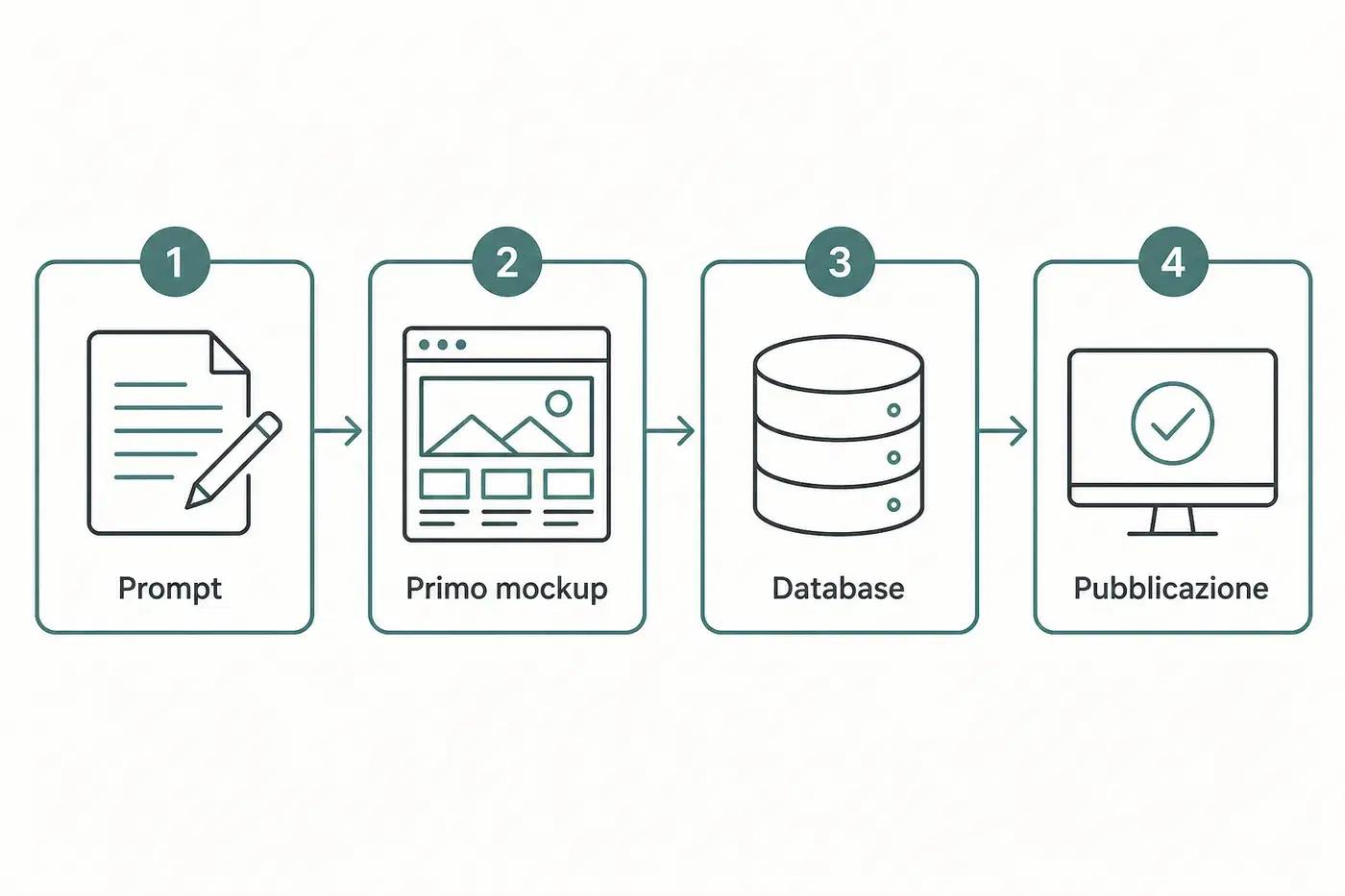 Percorso in quattro passaggi: Prompt, Primo mockup, Database, Pubblicazione