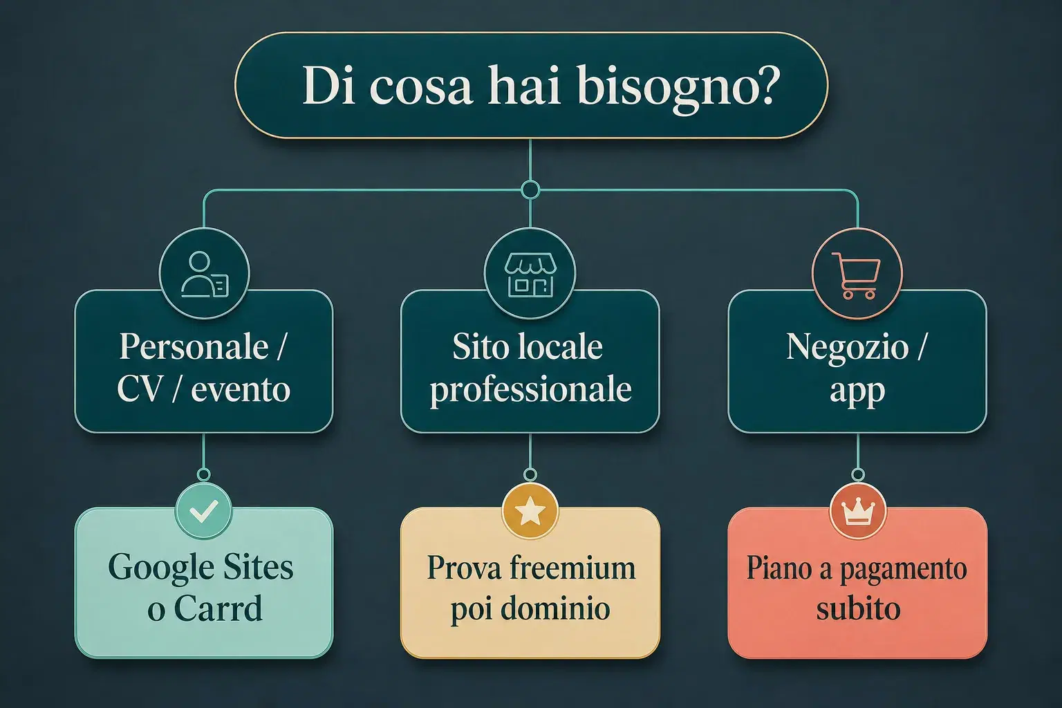 Schema decisionale: scegliere un creatore di siti gratis secondo bisogno personale, professionale o negozio