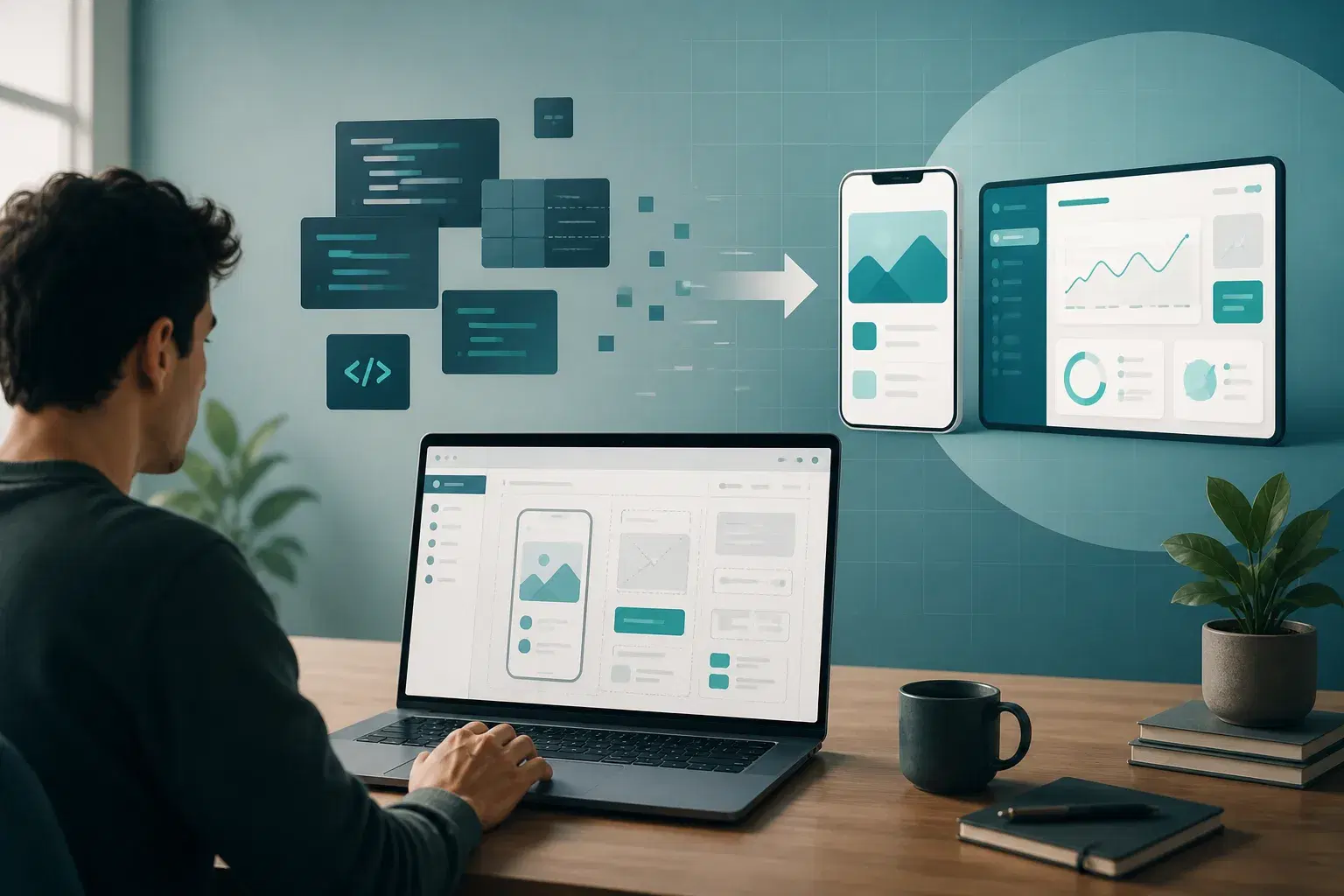Scrivania da freelance con laptop: schermate wireframe che si trasformano in un'interfaccia app cliente finita