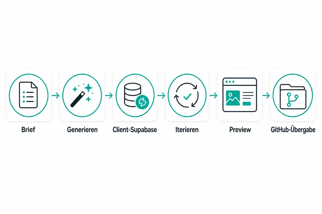 Horizontaler Sechs-Schritte-Workflow: Brief, Generate, Kunden-Supabase, Iterate, Preview, Handoff zu GitHub