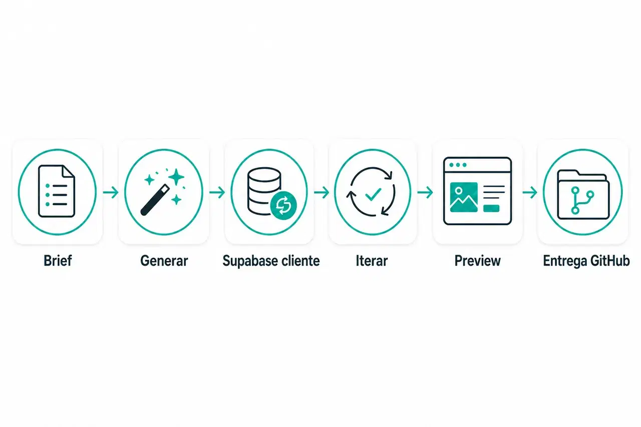 Flujo horizontal de seis pasos: Brief, Generar, Supabase del cliente, Iterar, Preview, Transferencia a GitHub