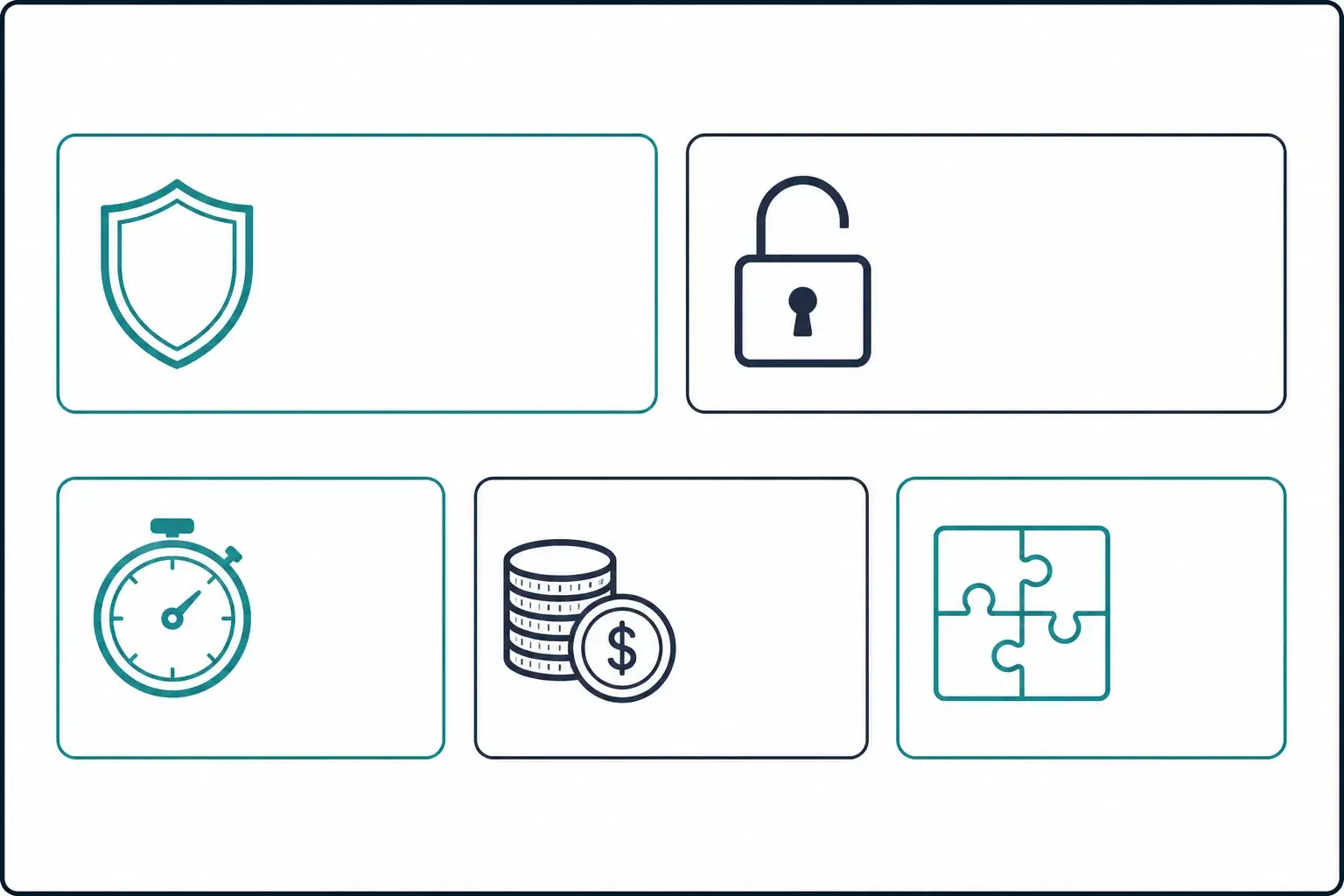Diagramma checklist con cinque icone: scudo per la proprietà, lucchetto aperto per zero lock-in, cronometro per la velocità, monete per i margini, pezzi di puzzle per le fondamenta SaaS