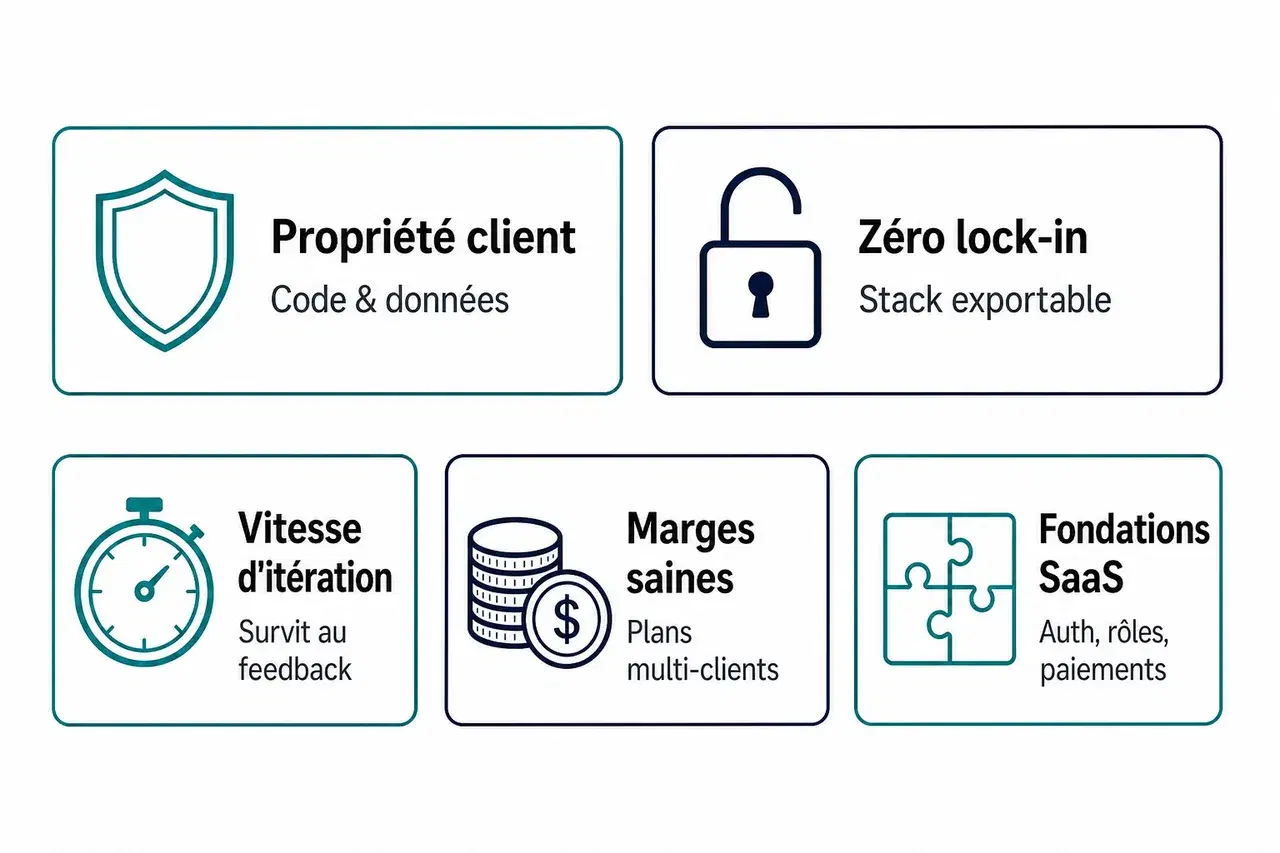 Schéma checklist avec cinq icônes : bouclier pour la propriété, cadenas ouvert pour zéro lock-in, chronomètre pour la vitesse, pièces pour les marges, pièces de puzzle pour les fondations SaaS