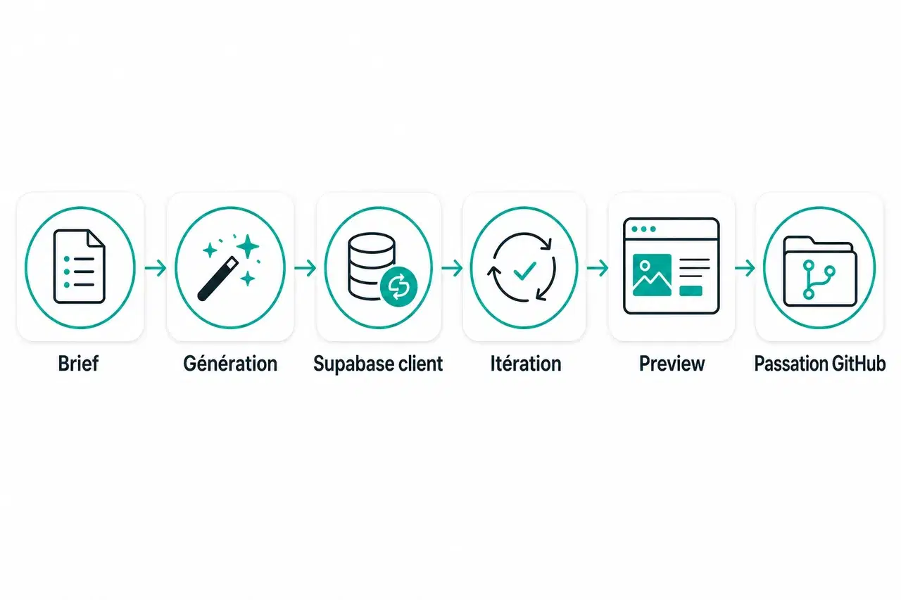 Workflow horizontal en six étapes : Brief, Génération, Supabase client, Itération, Preview, Passation vers GitHub