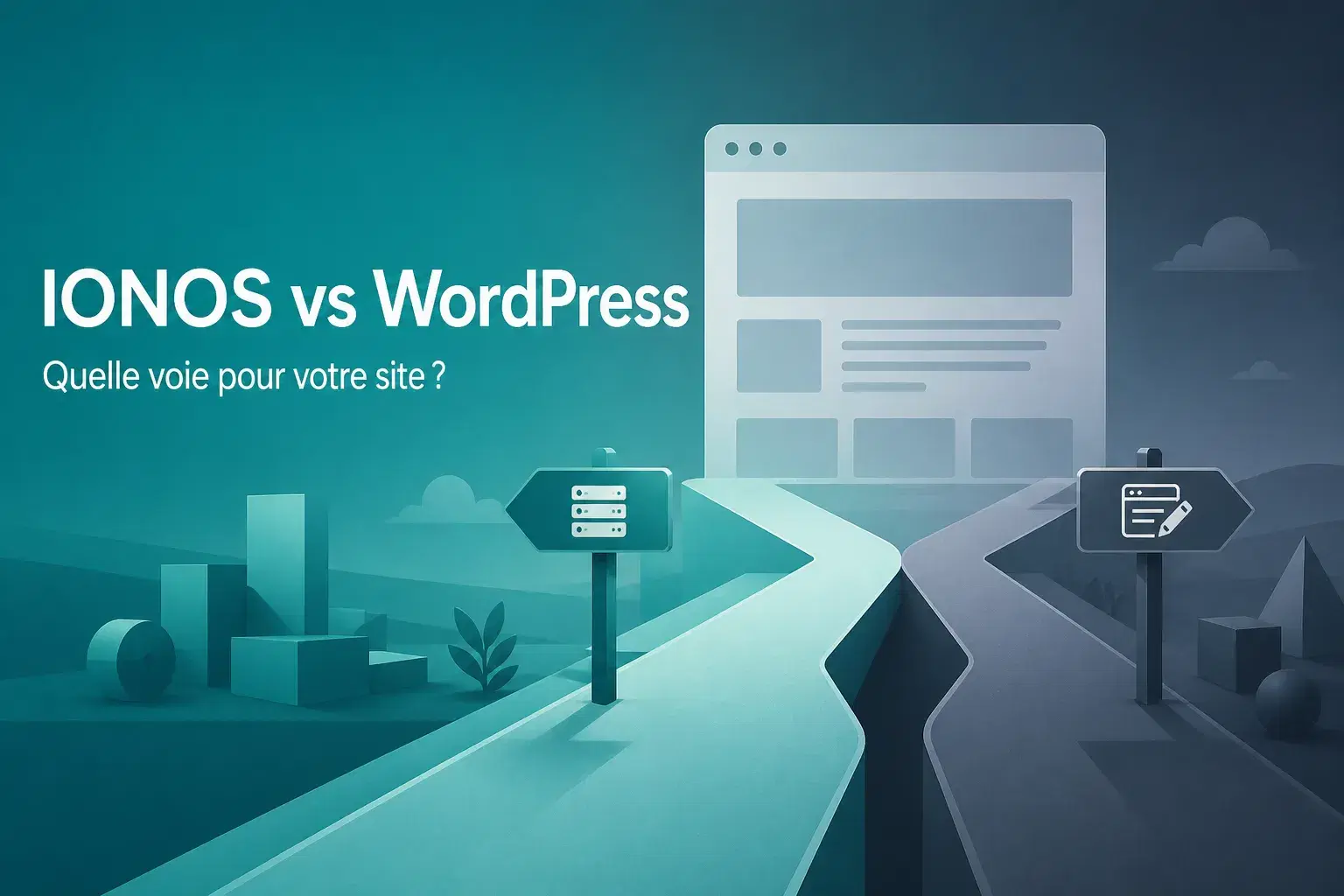 Illustration de couverture abstraite pour un comparatif IONOS vs WordPress