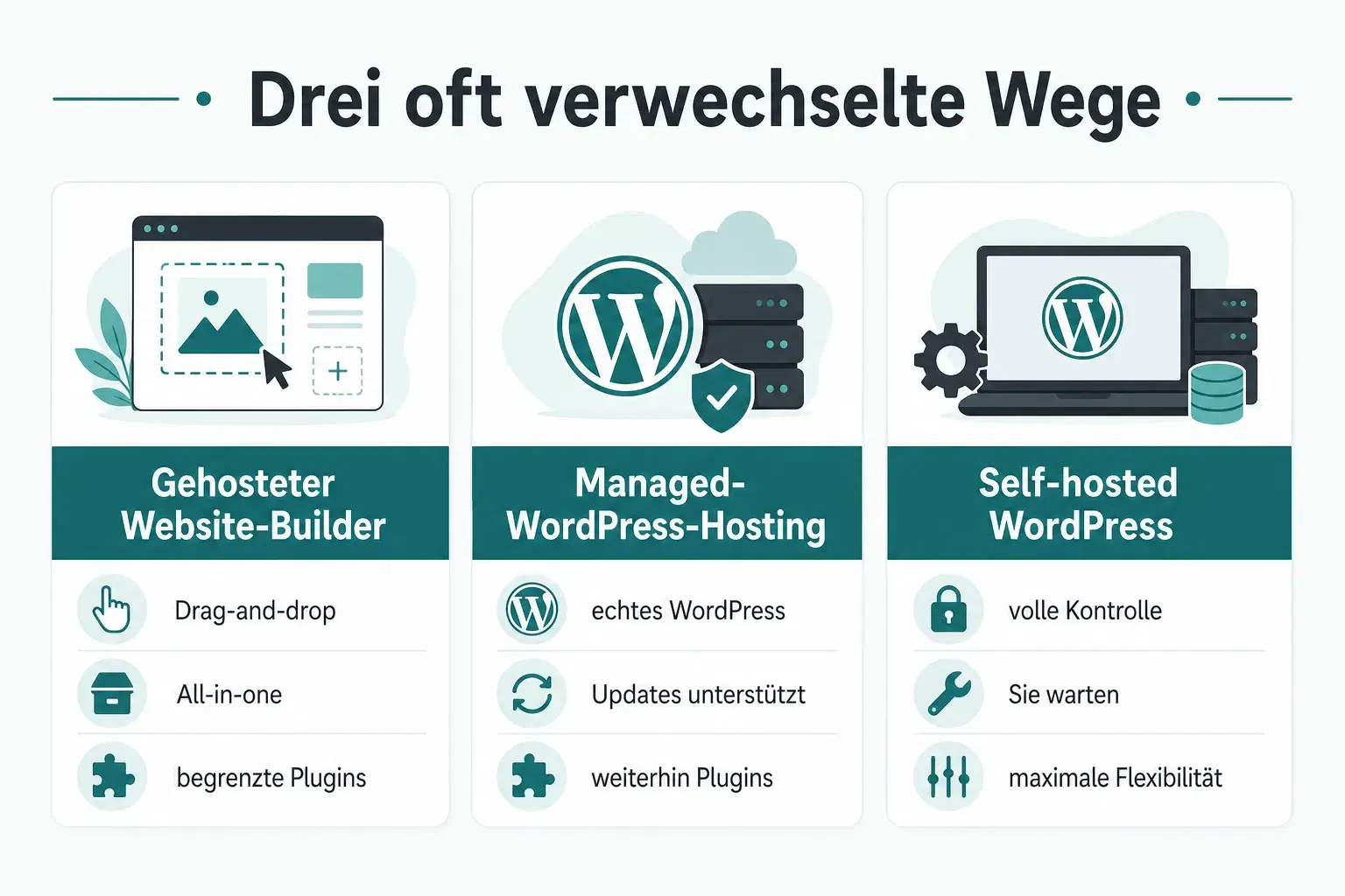 Infografik zum Vergleich von gehostetem Website-Baukasten, Managed WordPress Hosting und selbst gehostetem WordPress