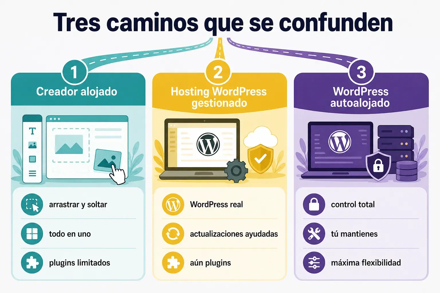 Infografía que compara creador de sitios alojado, hosting WordPress gestionado y WordPress autoalojado