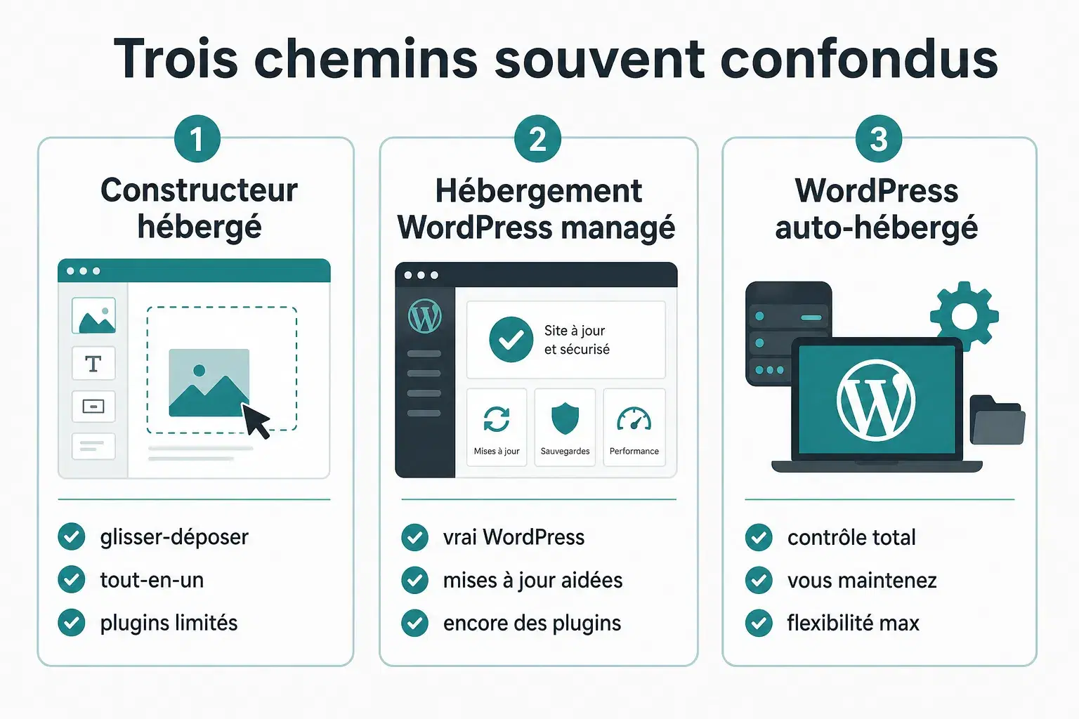 Infographie comparant créateur hébergé, hébergement WordPress managé et WordPress auto-hébergé