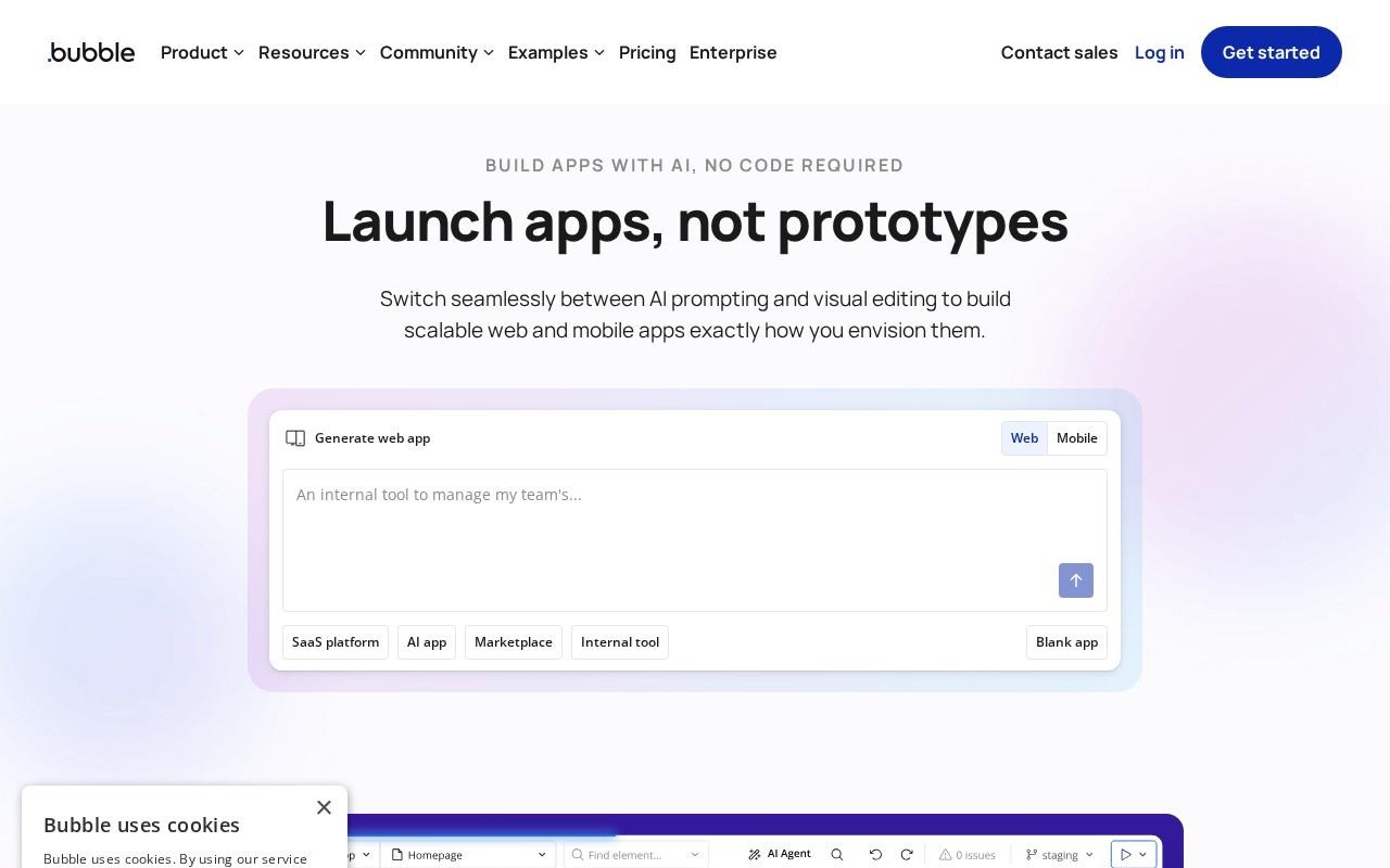 Página de inicio de Bubble con el eslogan Launch apps, not prototypes