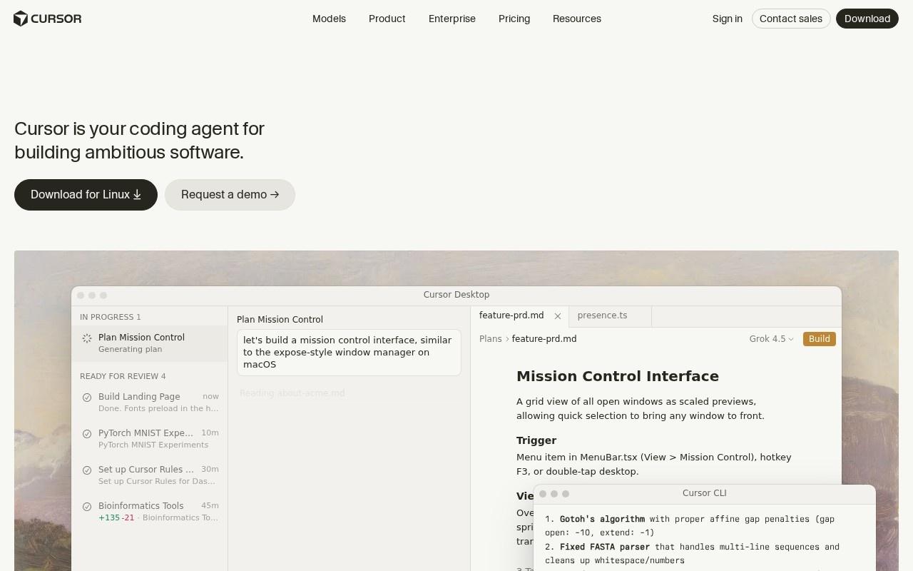 Página de inicio de Cursor, el editor de código con agente de IA
