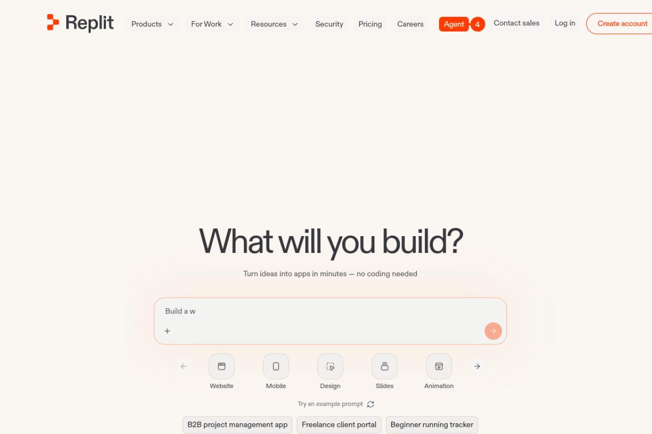 Página de inicio de Replit con su prompt de generación de apps