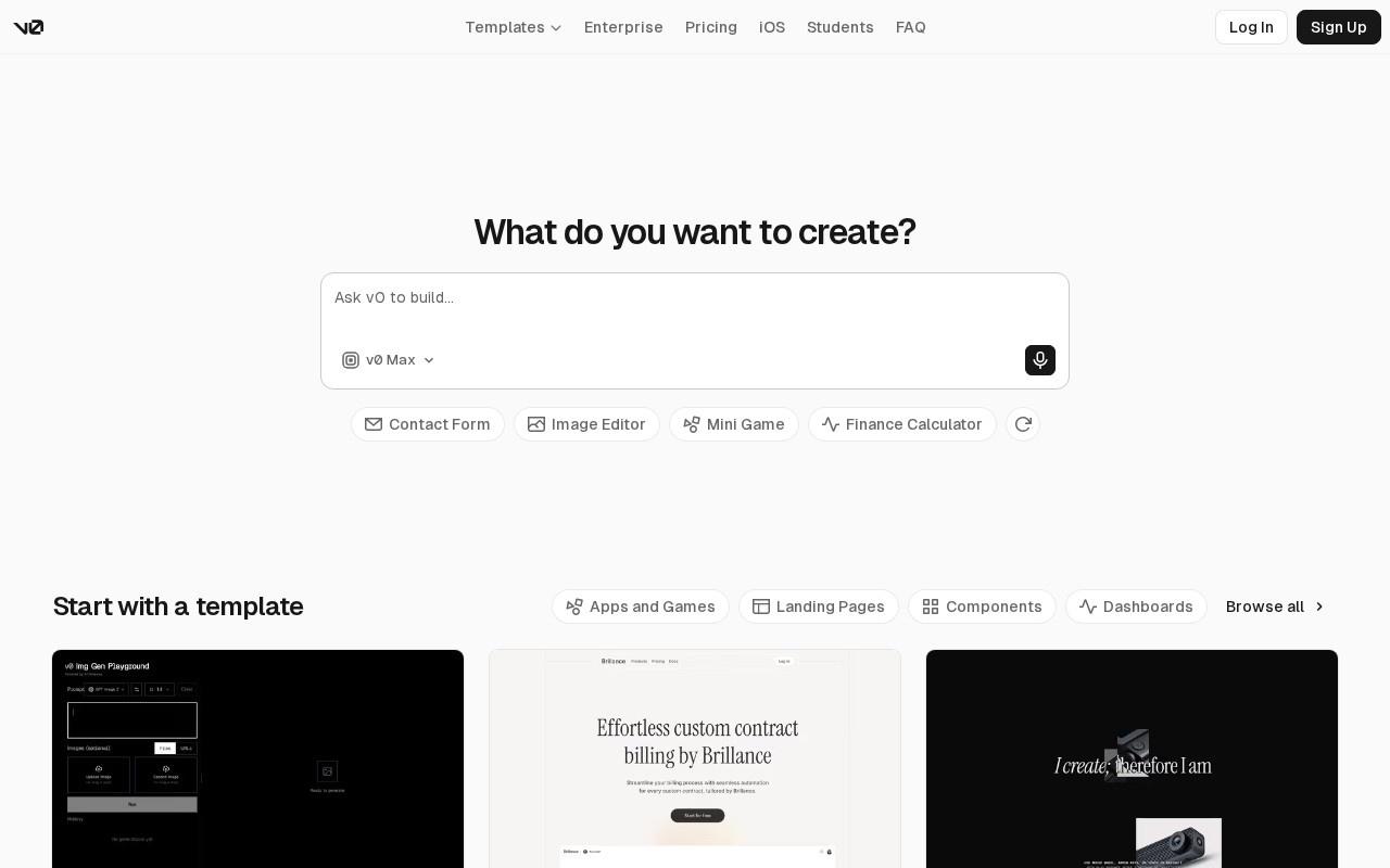 Página de inicio de v0 de Vercel con el prompt de generación de UI