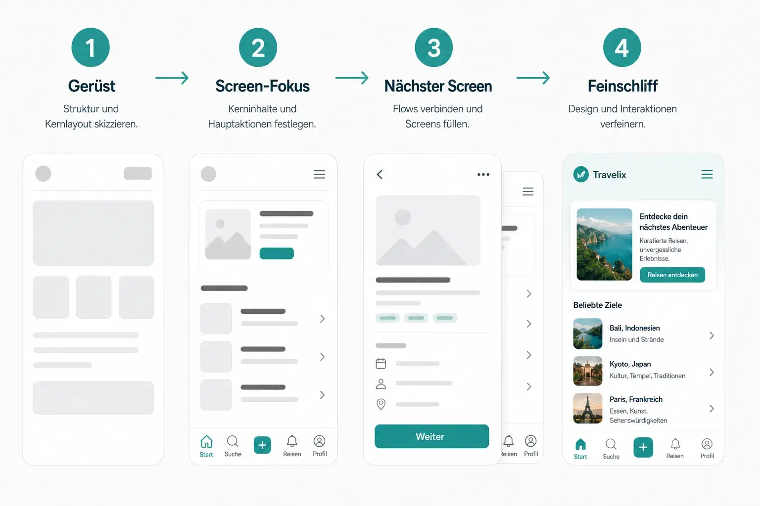 Vierstufiger Iterationsfluss: Gerüst, Screen-Fokus, nächster Screen, Feinschliff