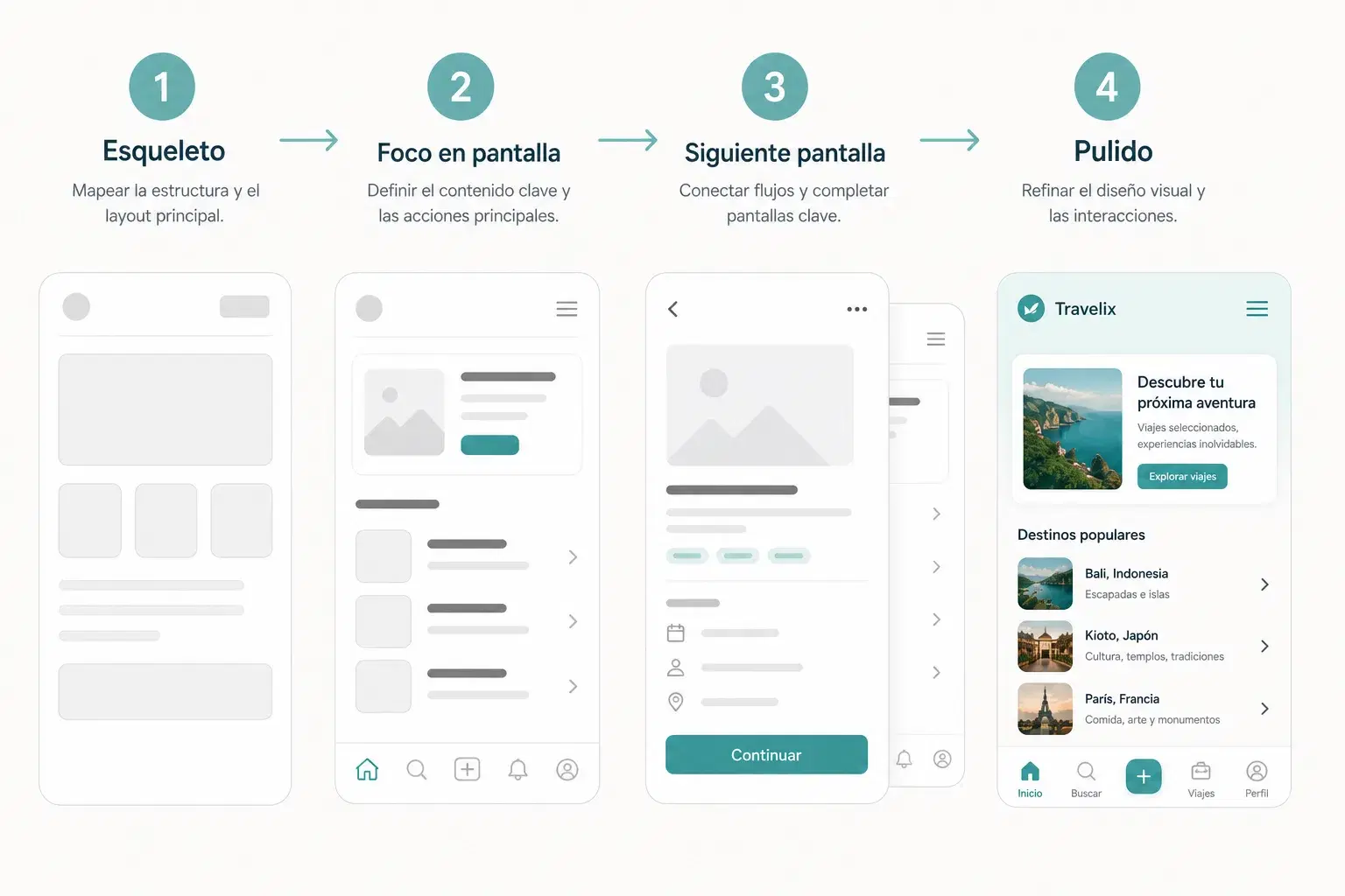 Flujo de iteración en cuatro pasos: Esqueleto, Foco en una pantalla, Siguiente pantalla, Pulido