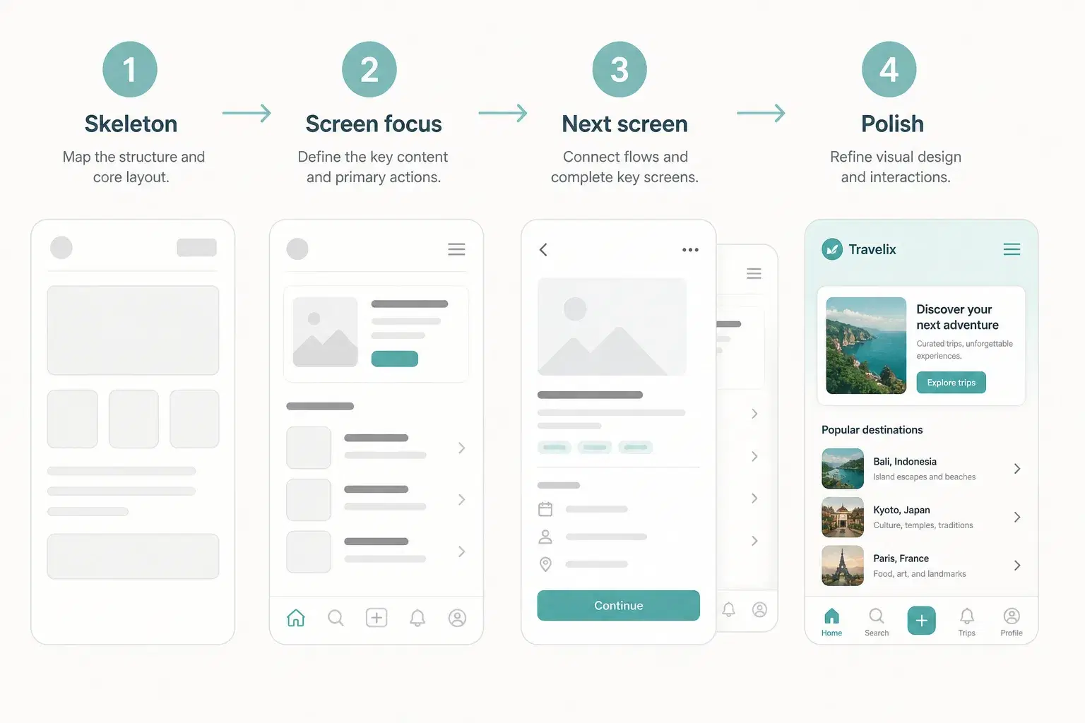 Four-step iteration flow: Skeleton, Screen focus, Next screen, Polish