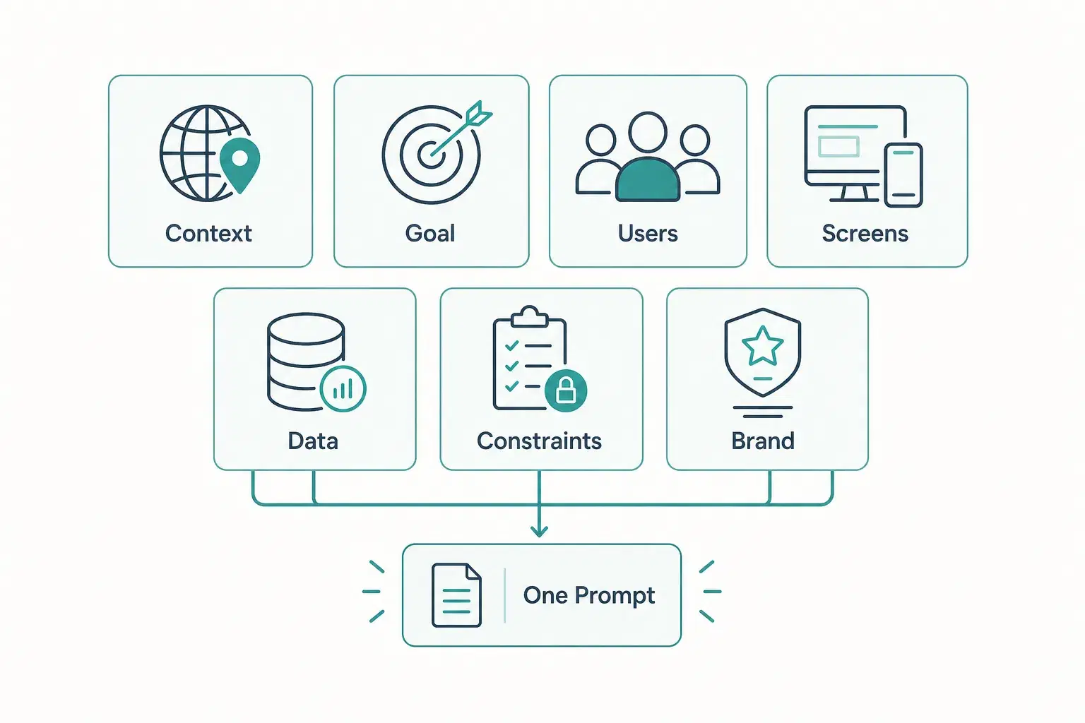Diagram of seven prompt building blocks converging into one prompt: Context, Goal, Users, Screens, Data, Constraints, Brand