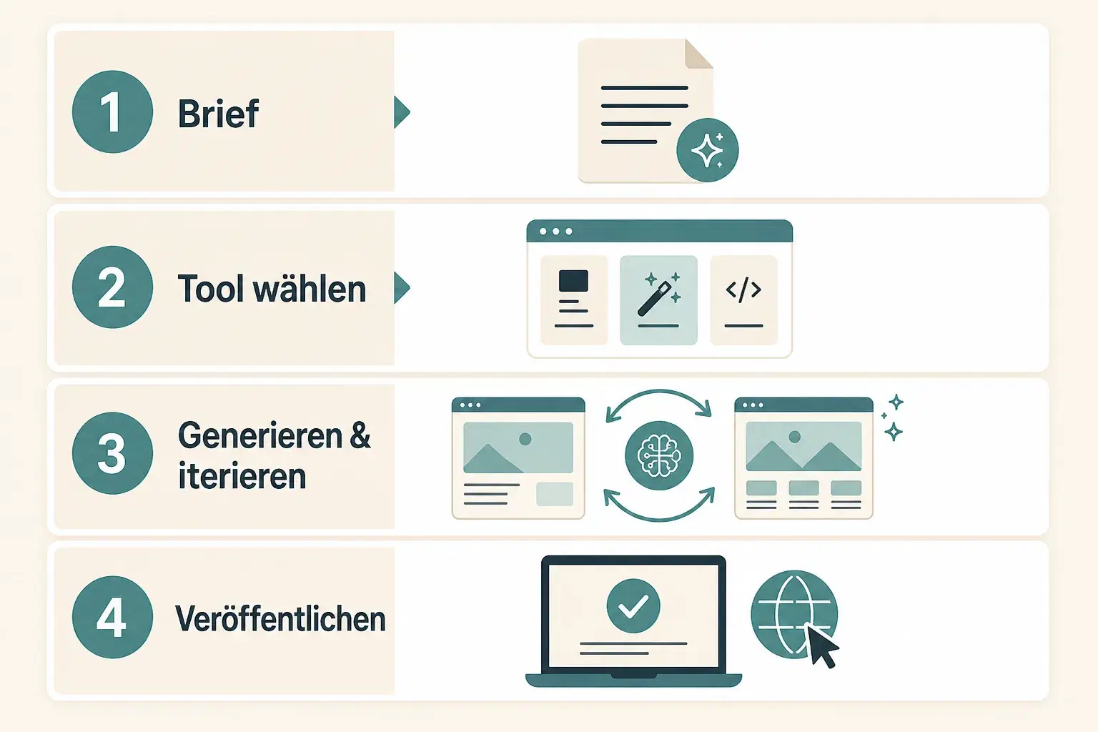 Vier Schritte: Brief, Tool wählen, generieren und iterieren, veröffentlichen
