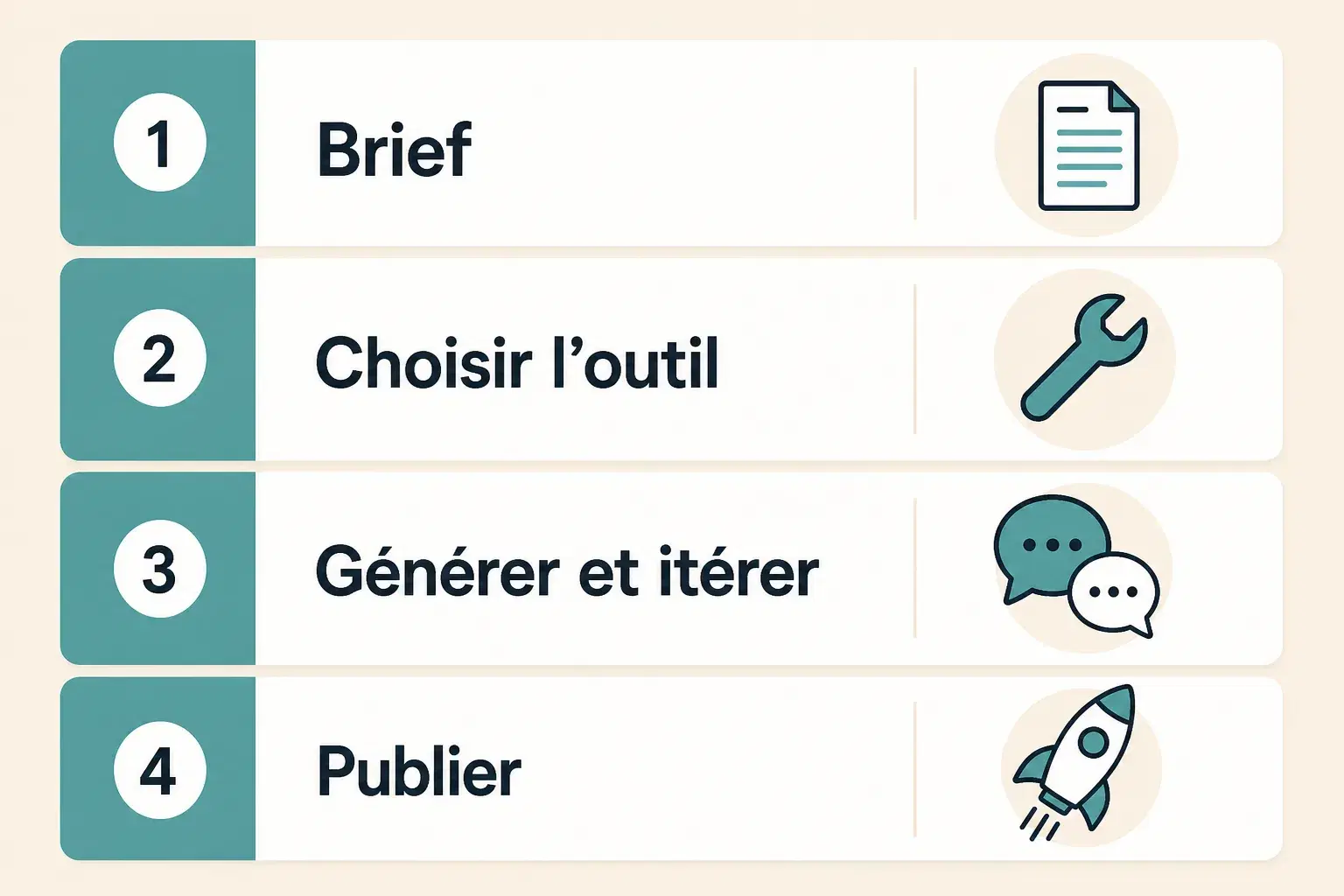 Quatre étapes : brief, choisir l'outil, générer et itérer, publier