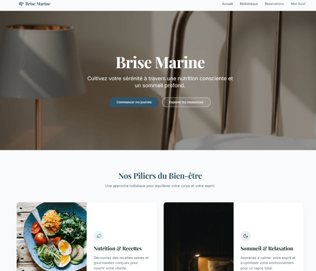 Home page di un sito web benessere chiamato Brise Marine, creato con Cadrant, con foto d'atmosfera, titolo, pulsanti di call-to-action e pilastri del benessere