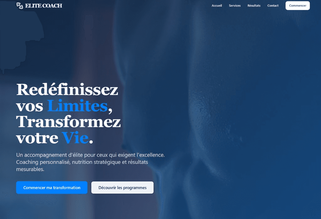 Home page di un sito web per personal trainer chiamato Elite Coach, creato con Cadrant, con titolo, sottotitolo, pulsanti di call-to-action e foto d'atmosfera sportiva