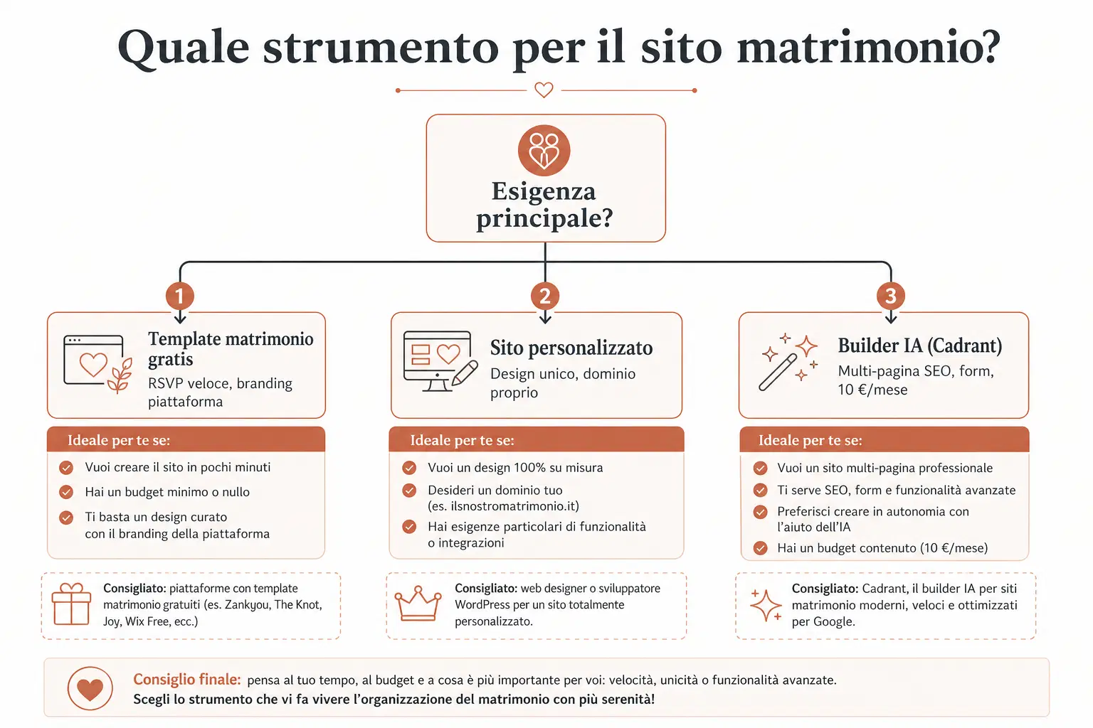 Diagramma decisionale per scegliere lo strumento del sito web matrimonio: template gratuito, sito personalizzato o builder IA
