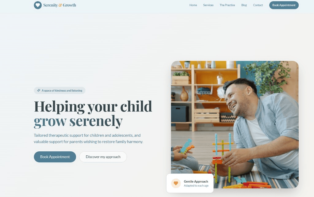 Home page di un sito web terapeuta per bambini e adolescenti chiamato Serenity & Growth, creato con Cadrant, con foto, titolo, pulsanti di call-to-action e i due pilastri dell'accompagnamento