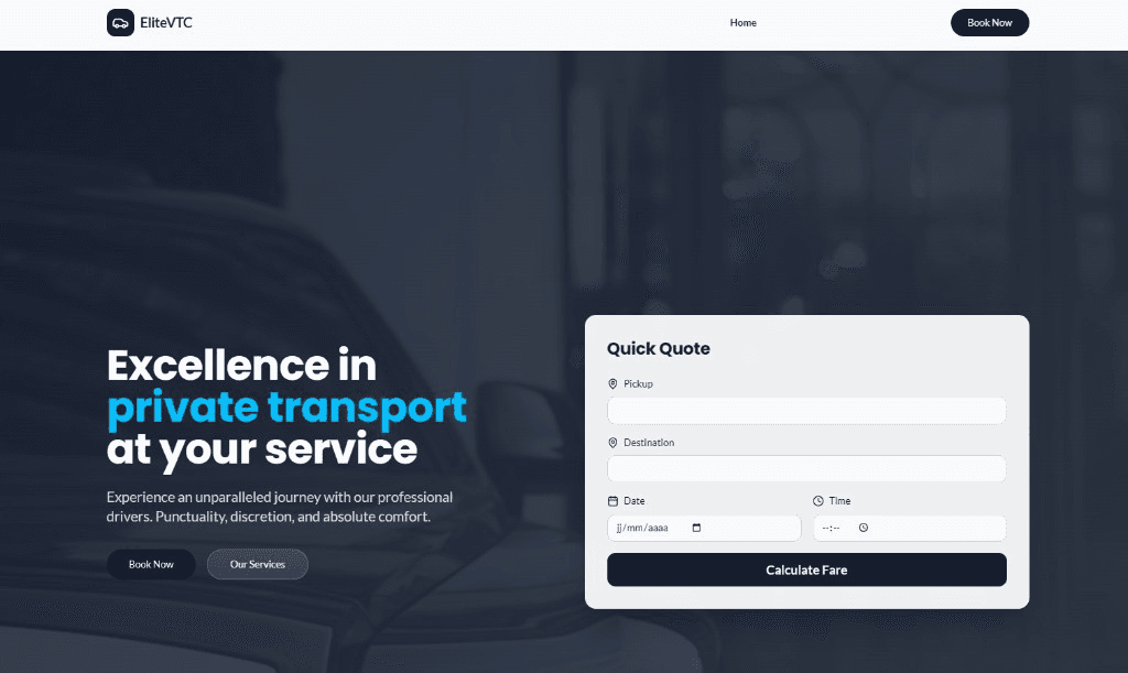 Home page di un sito web NCC chiamato EliteVTC, creato con Cadrant, con modulo di preventivo istantaneo e pulsanti di prenotazione