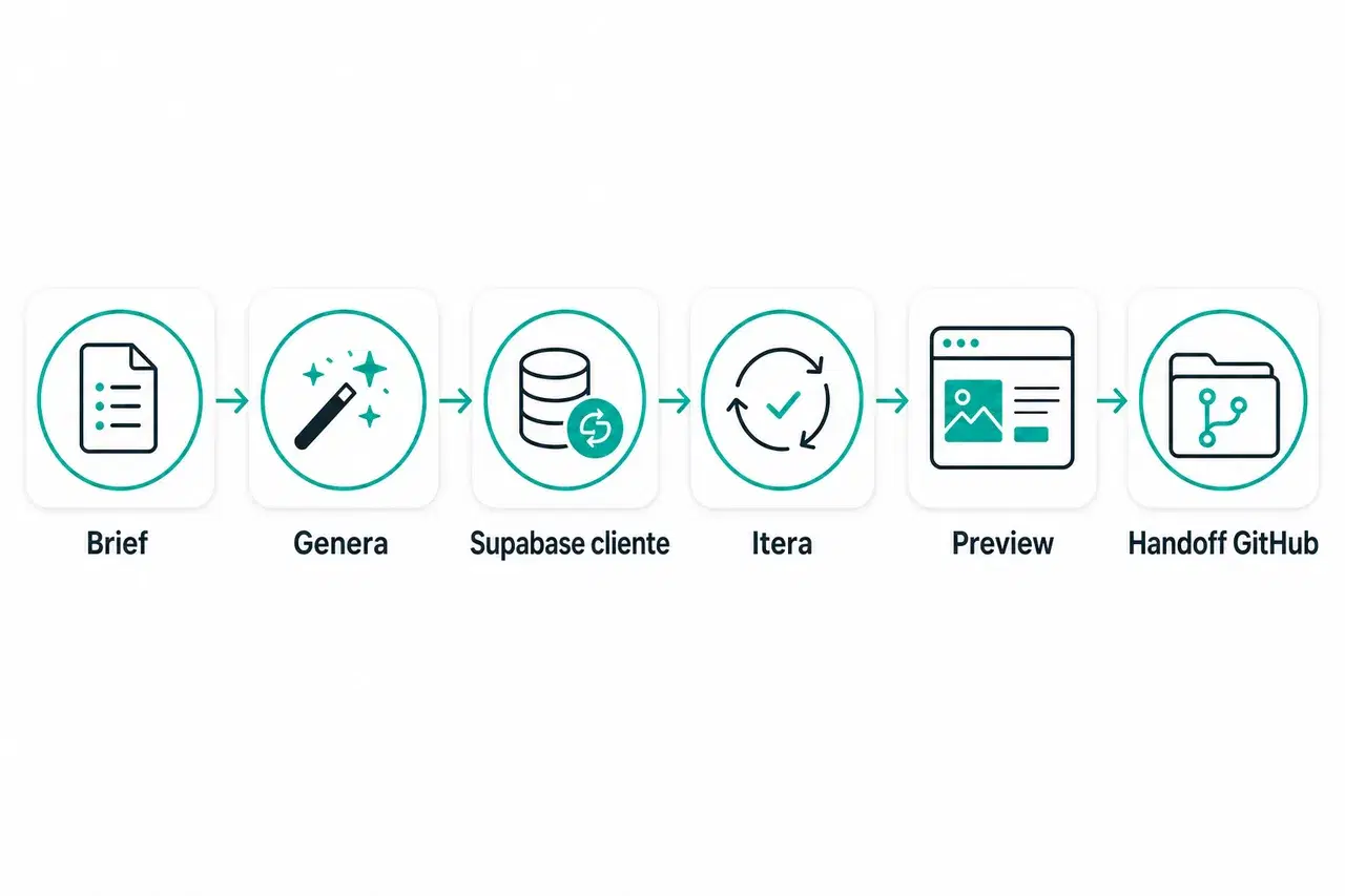 Workflow orizzontale in sei passaggi: Brief, Generate, Supabase cliente, Iterate, Preview, Handoff su GitHub