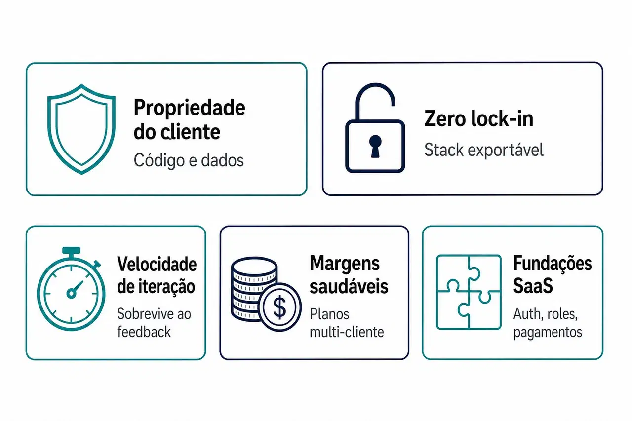 Diagrama de checklist com cinco ícones: escudo para propriedade, cadeado aberto para zero lock-in, cronômetro para velocidade, moedas para margens, peças de quebra-cabeça para fundações SaaS