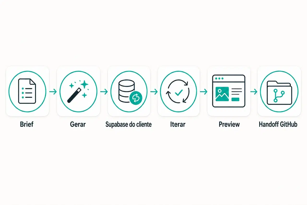 Workflow horizontal em seis passos: Brief, Generate, Supabase do cliente, Iterate, Preview, Handoff para GitHub