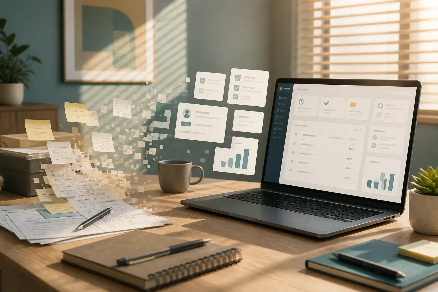 Arbeitsplatz mit Dashboard eines internen Tools, das den Weg vom Papierprozess zur Business-App zeigt
