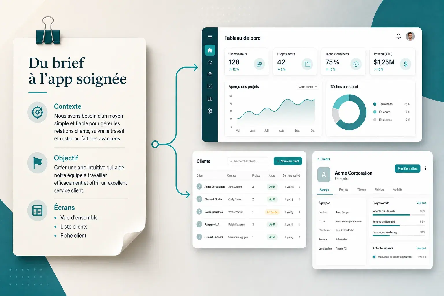 Brief structuré avec contexte, objectif et écrans se transformant en interface d'app multi-écrans soignée
