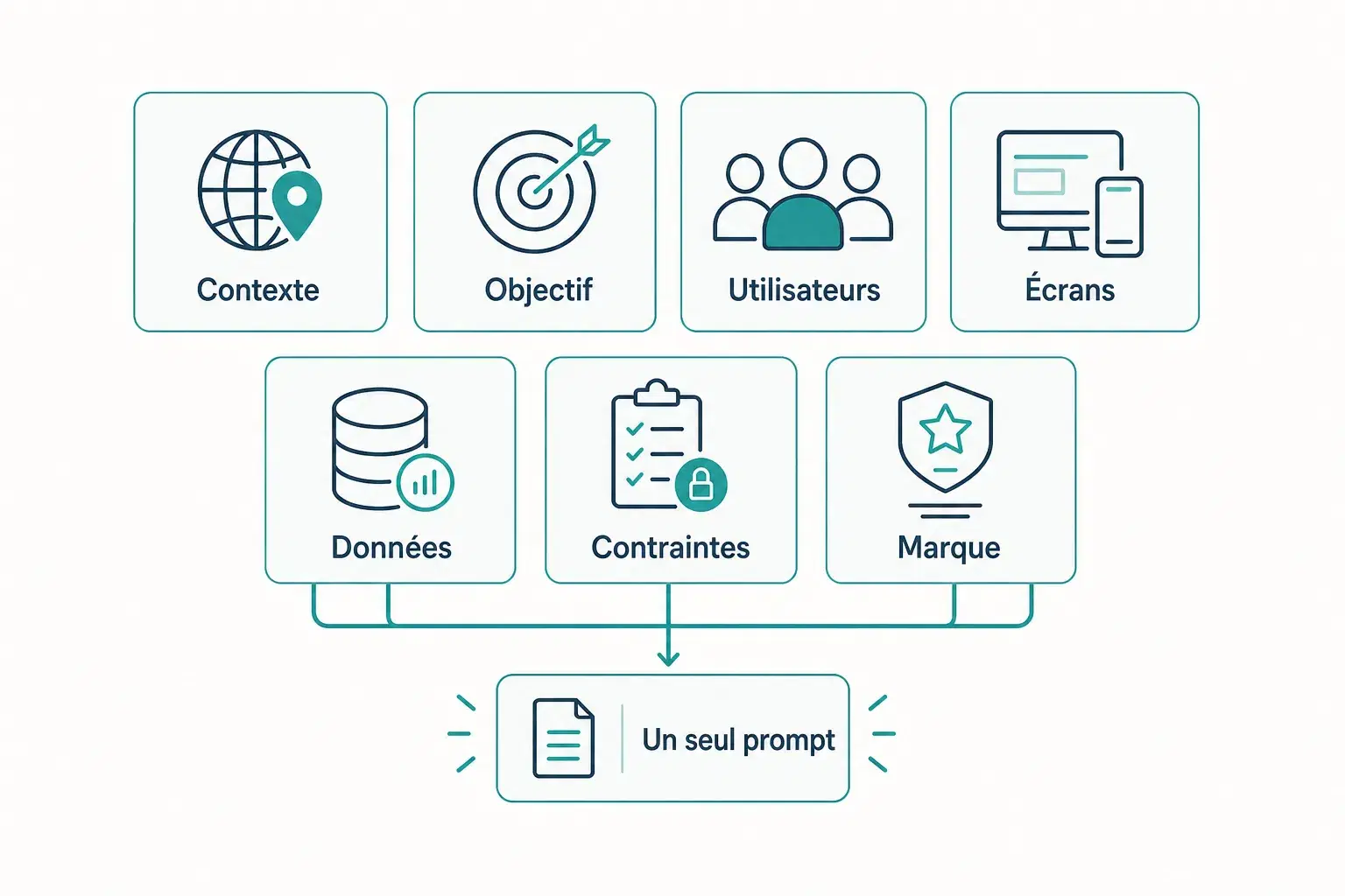 Schéma de sept blocs de prompt qui convergent en un seul : Contexte, Objectif, Utilisateurs, Écrans, Données, Contraintes, Marque