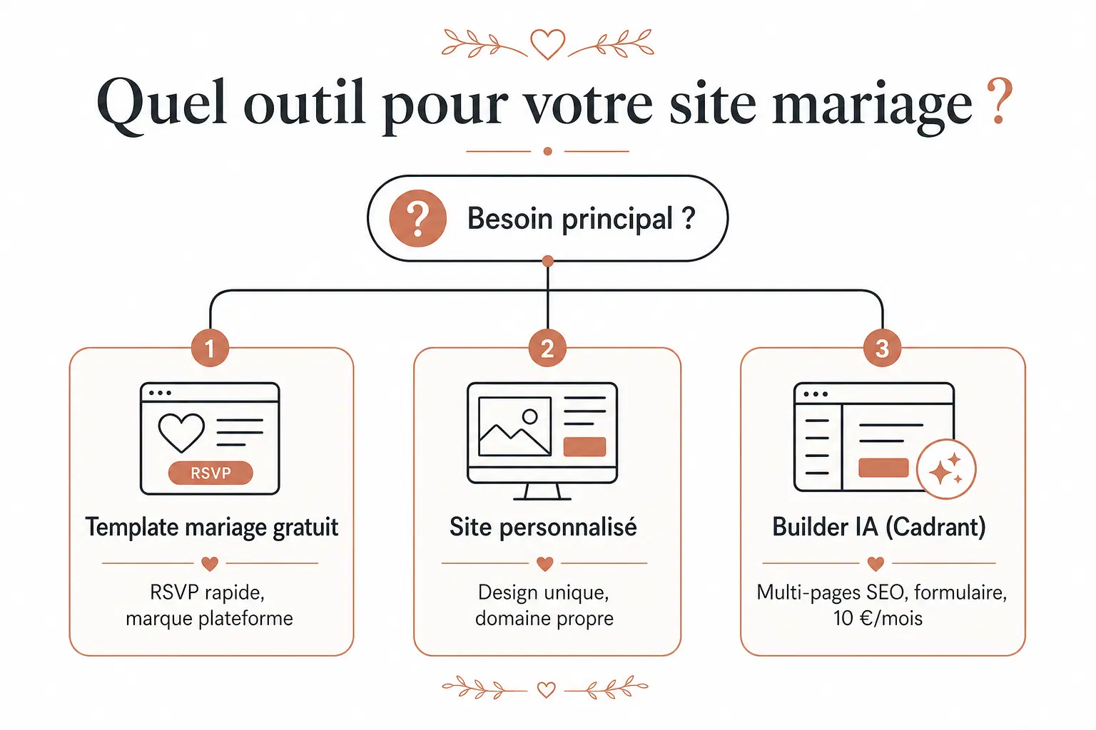 Schéma de décision pour choisir un outil de site internet mariage : template gratuit, site personnalisé ou builder IA