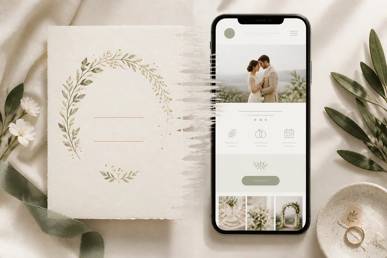 Illustration d’un site internet mariage consulté sur téléphone, avec invitation et bouton RSVP