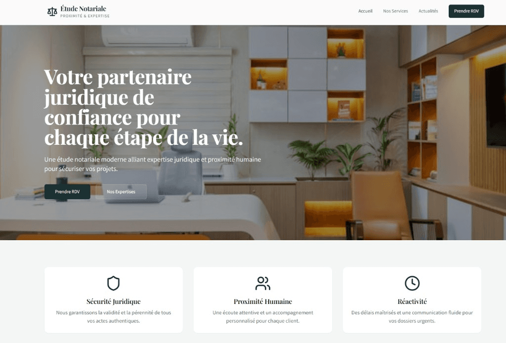 Home page di un sito web per notaio chiamato Étude Notariale, creato con Cadrant, con foto dello studio, titolo, pulsanti di call-to-action e i pilastri sicurezza giuridica, vicinanza umana e reattività